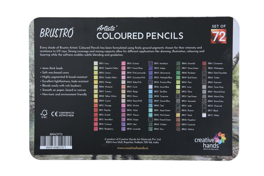 BRUSTRO Artists Colour Pencil | 6B, Set of 72 (in an Elegant tin Box) | Ideal for Students,Adults,Multiple Colors,Bright,Vibrant,Fade Resistant,DIY Art,Highly Pigmented, School, Safe use for Children