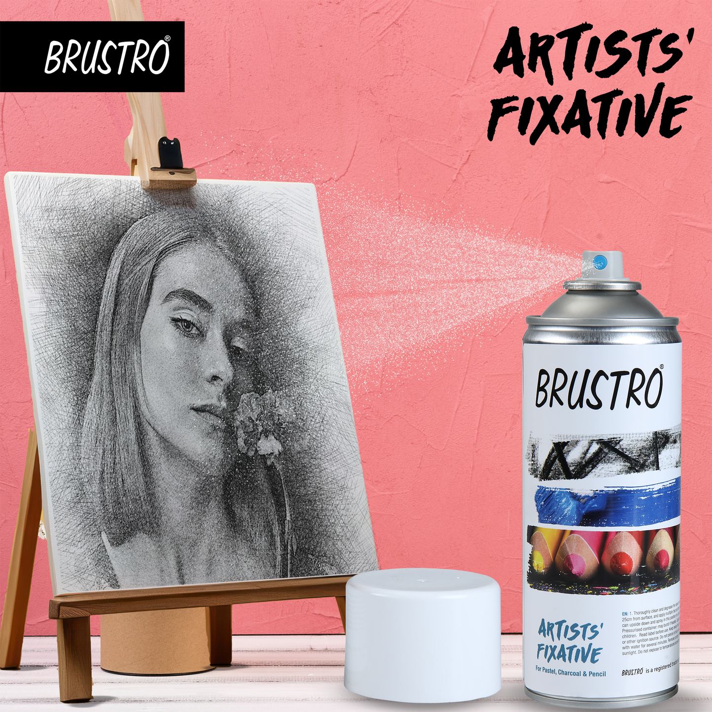 BRUSTRO Artist's Fixative Spray Can | 400ml | Transparent | Perfect use on Pastel Colors,Charcoal, Chalk Drawing,Non-yellowing, Pencil & Sketching Artworks, Proffessional Arts, Fast Drying