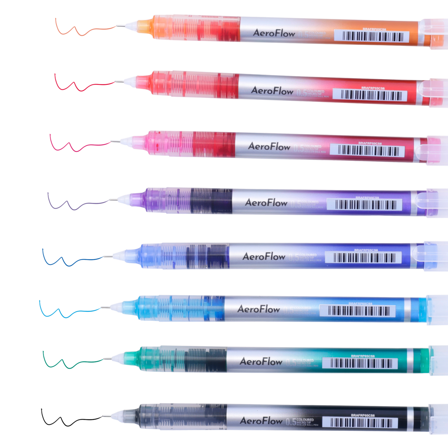 BRUSTRO AeroFlow Coloured Micro-Tip Roller Ball Pen | Tip size - 0.5 mm - Set of 8 |Leakproof, Quick Dry, Acid-Free, Non-Toxic,Fade Resistant,Ideal for Drawing,Doodling, Office, Stationery, School use