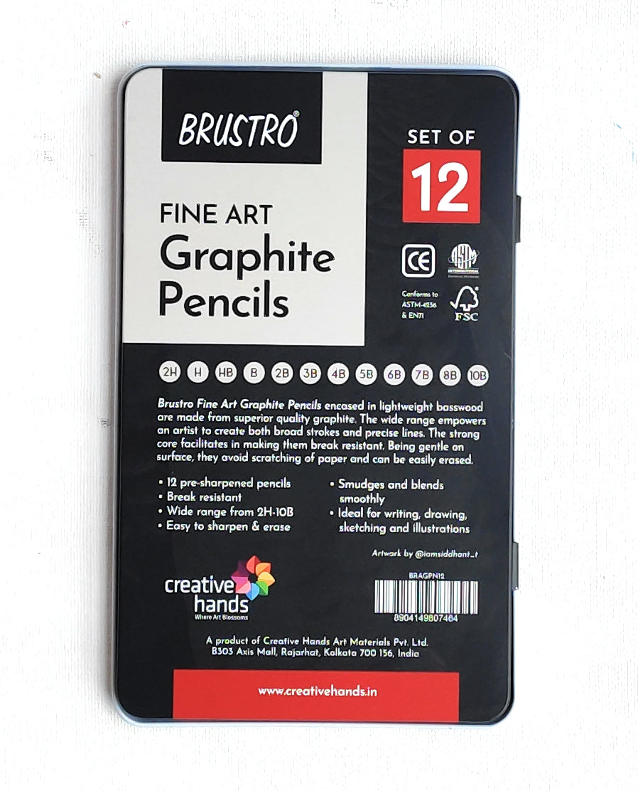 BRUSTRO Fine Art Graphite Pencil Set |10B - 2H | Pack of 12 with Elegant Tin Box| Ideal for Students and Adults, Drawing, Sketching, Mandala Shading, Pencils For Beginners and Artists