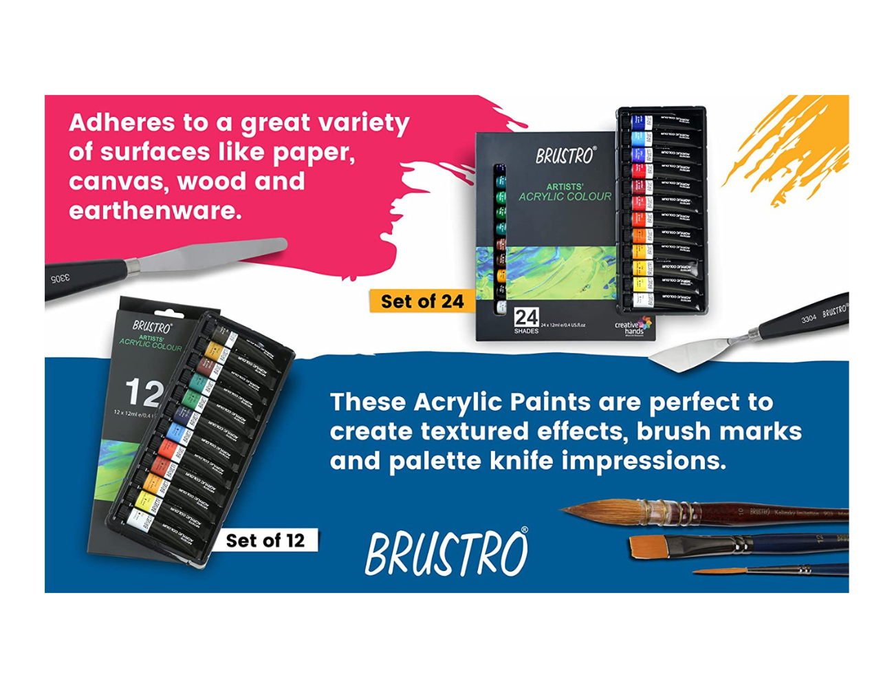 BRUSTRO Acrylic Paint Set of 24, Multicolour 12ml Tubes with Gold Taklon Brush Set of 10