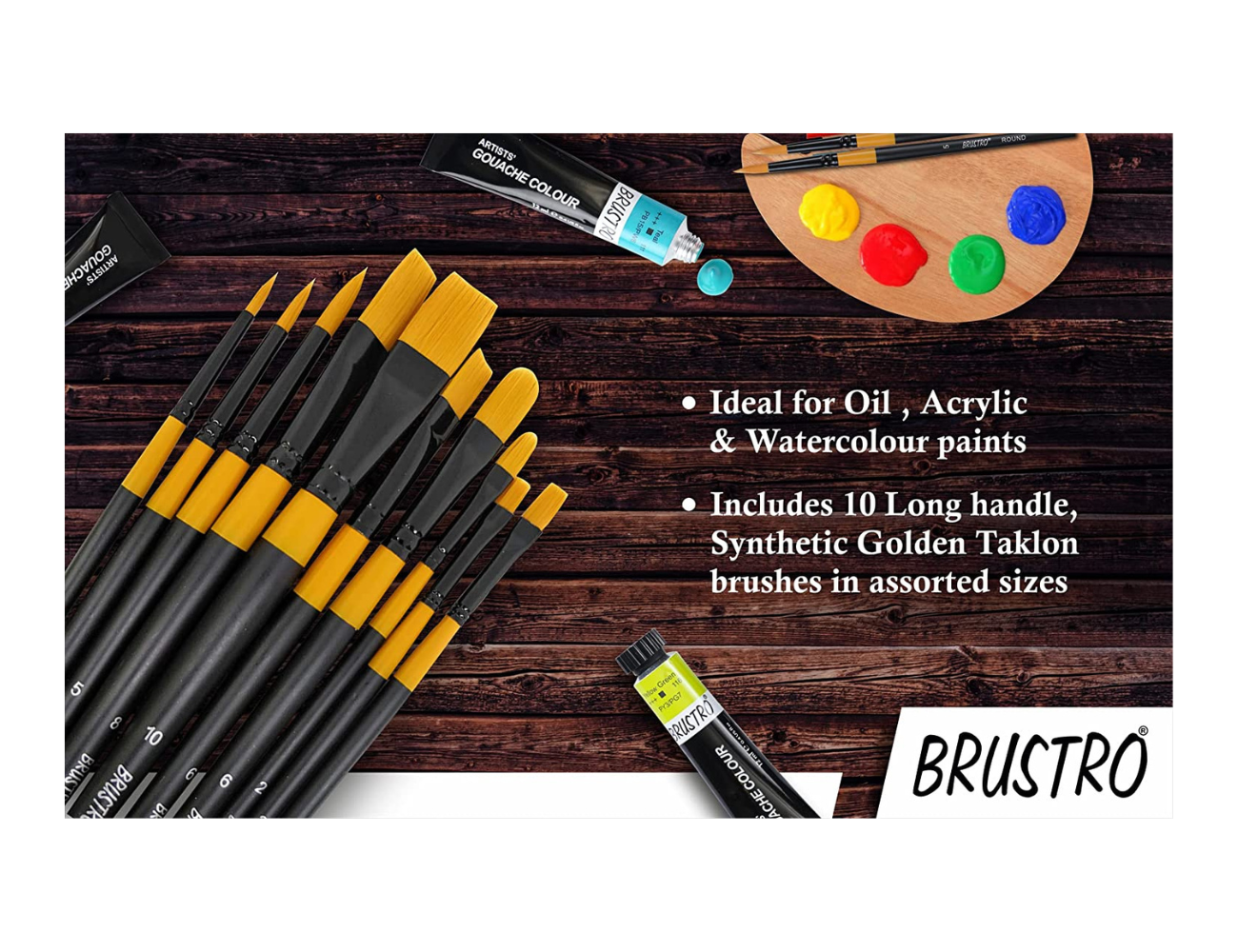 BRUSTRO Artists ’ Acrylic Colour Set of 24 with Gold Taklon Brush Set of 10, Acrylic Paper 400 GSM A4-12 Sheets and an A4 Size Tear Off Paper Palette.