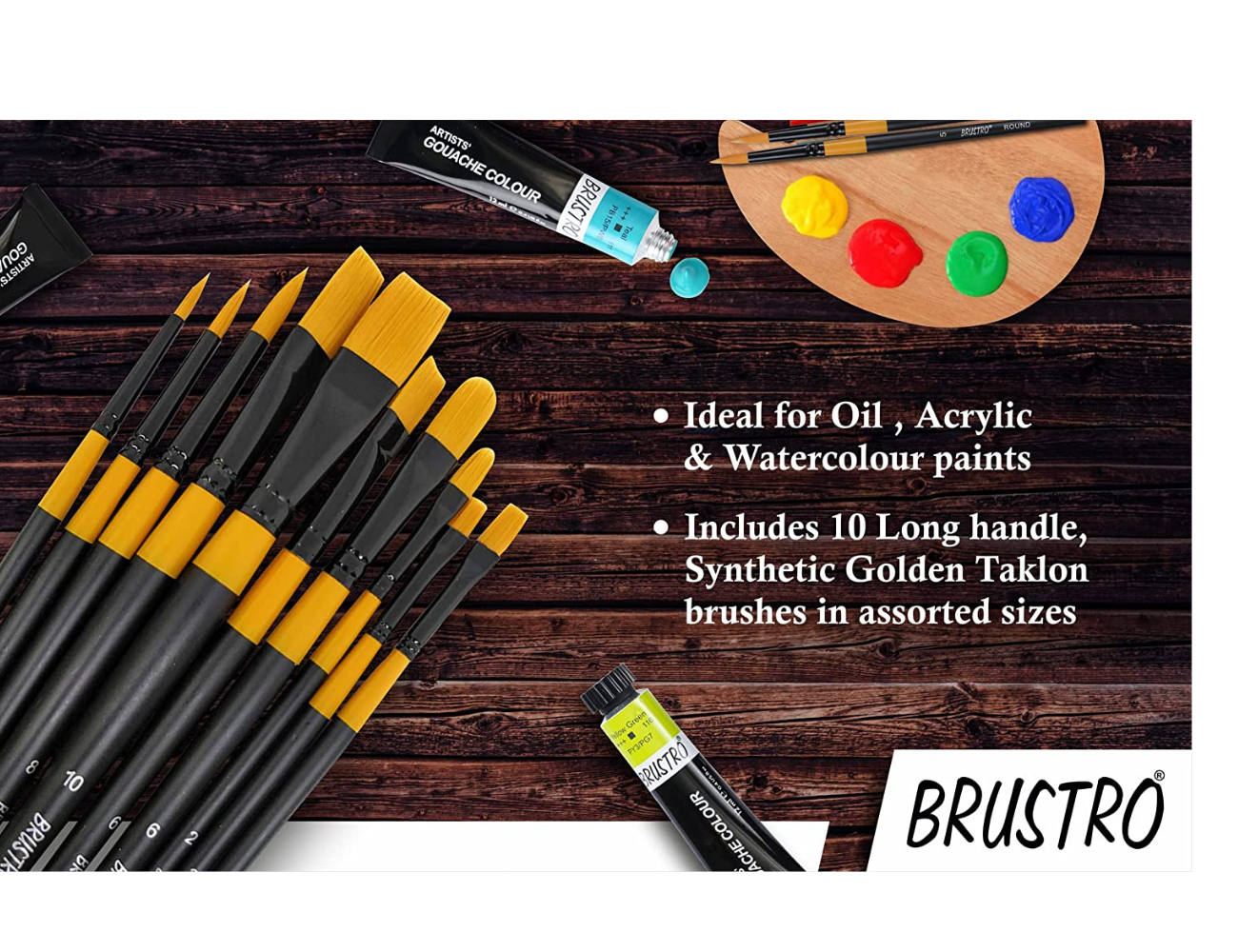 BRUSTRO Acrylic Paint Set of 24, Multicolour 12ml Tubes with Gold Taklon Brush Set of 10