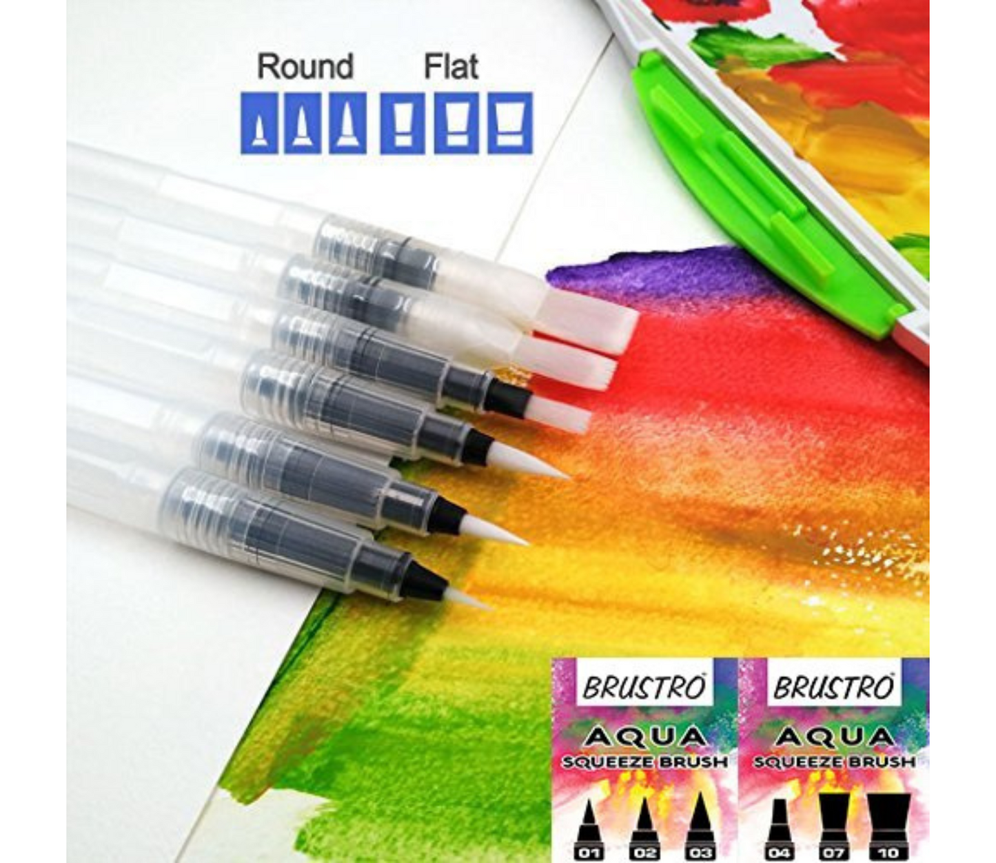 Brustro 3 Flat and Round Aqua Squeeze Leak Proof Watercolour Brush Pen with 9 Sheets Paper Cotton CP 300 GSM, 5x7-inch (Assorted) - Set of 6
