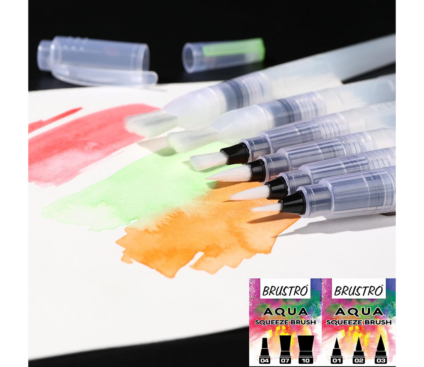 Brustro 3 Flat and Round Aqua Squeeze Leak Proof Watercolour Brush Pen with 9 Sheets Paper Cotton CP 300 GSM, 5x7-inch (Assorted) - Set of 6