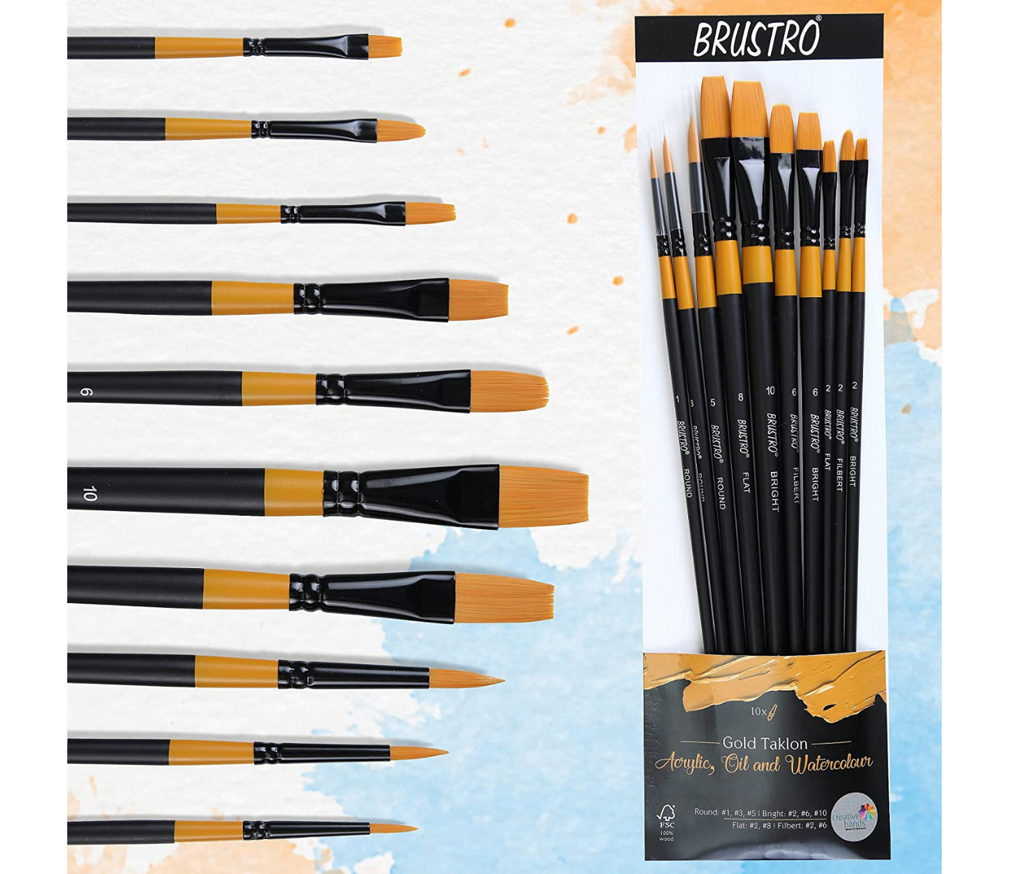 BRUSTRO Artists ’ Acrylic Colour Set of 24 with Gold Taklon Brush Set of 10 and 5 Canvas Boards (4x6, 6x8, 8x10, 10x12, 10x14)