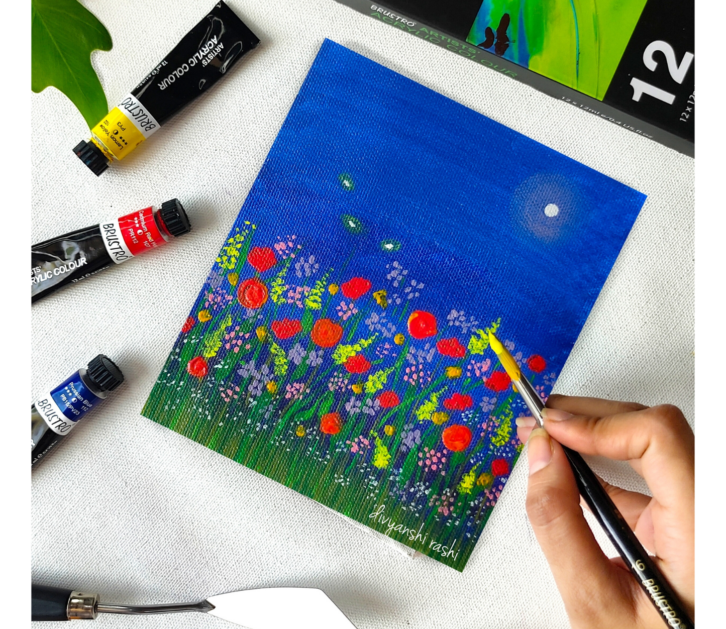 BRUSTRO Acrylic Paint Set of 24, Multicolour 12ml Tubes with Gold Taklon Brush Set of 10