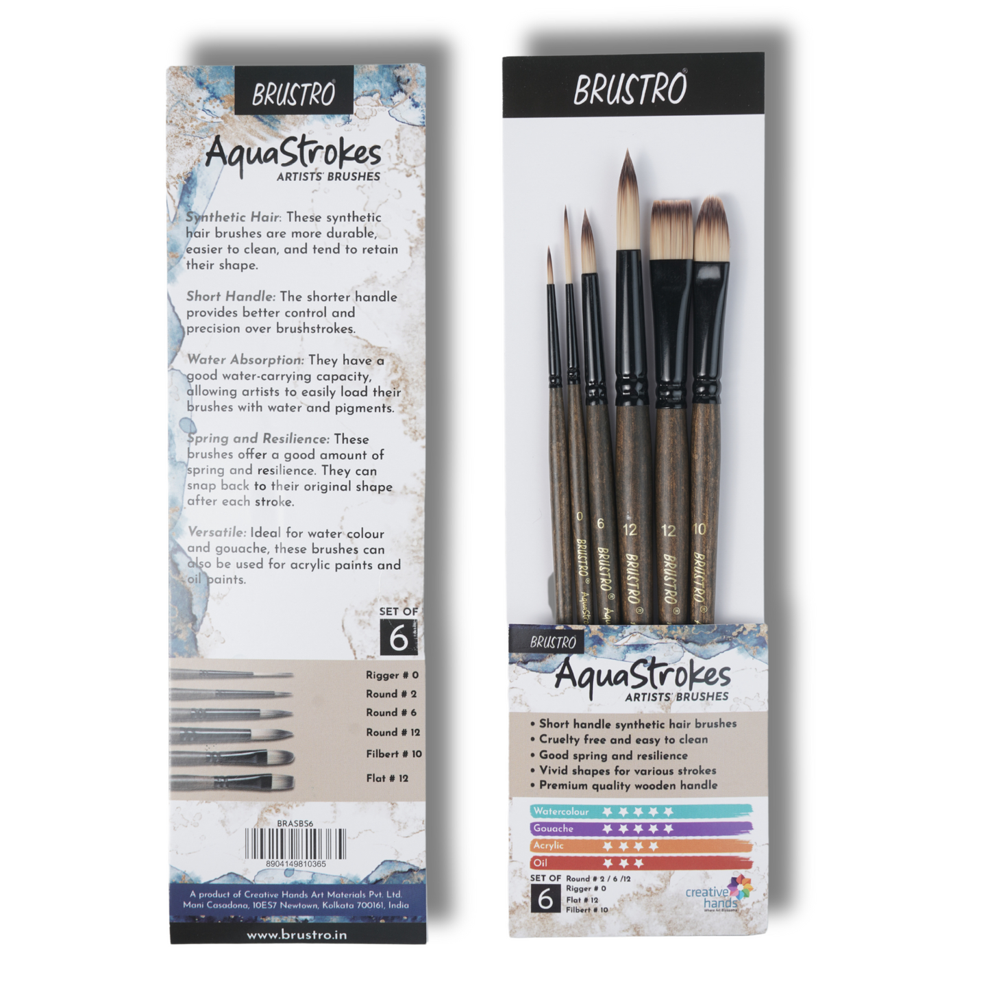 BRUSTRO AquaStrokes Artist Brushes | Set of 6 | Ideal for Watercolour, Gouache, Acrylics, Oil Brush, Synthetic Bristles,  Wooden handle | Made for Students and Professionals Artists