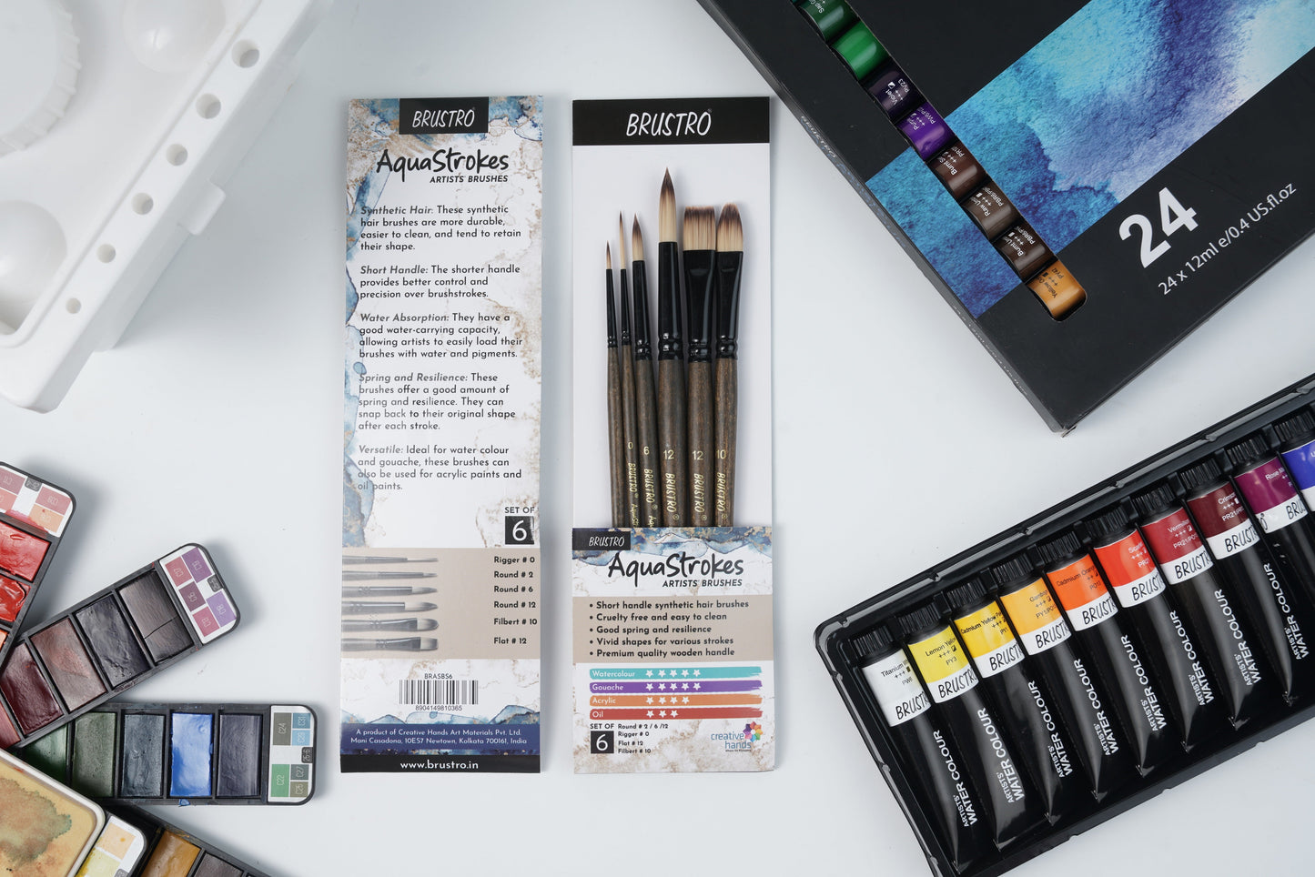 BRUSTRO Artists ’ Watercolour Set of 24 Colours X 12ML Tubes with 25% cotton 300gsm A5 spiral pad and Aqua Strokes brush set of 6