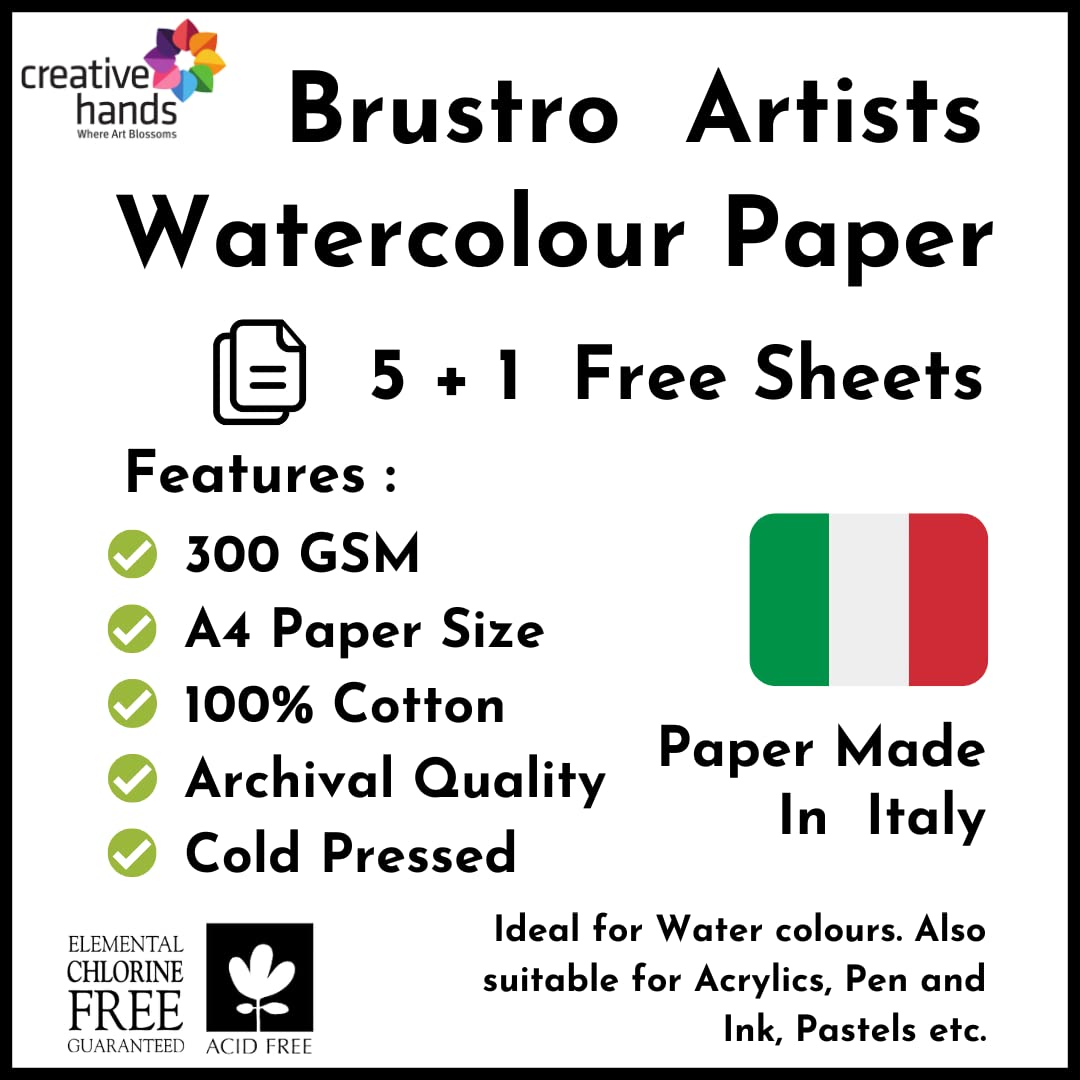Brustro 100% Cotton Artist's Watercolour Paper 300 GSM A4 Cold Pressed (Pack of 5+1 Free sheet)