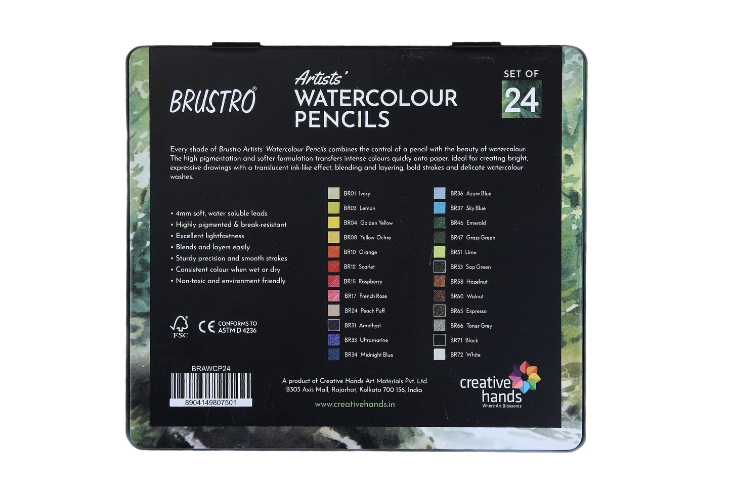 BRUSTRO Artists Watercolour Pencil |Set of 24 (in Elegant tin Box)|Ideal for Artists, Students, Drawing,Colouring,Painting on Paper, water soluble, Professional Quality, Break-resistant,Vibrant Colors
