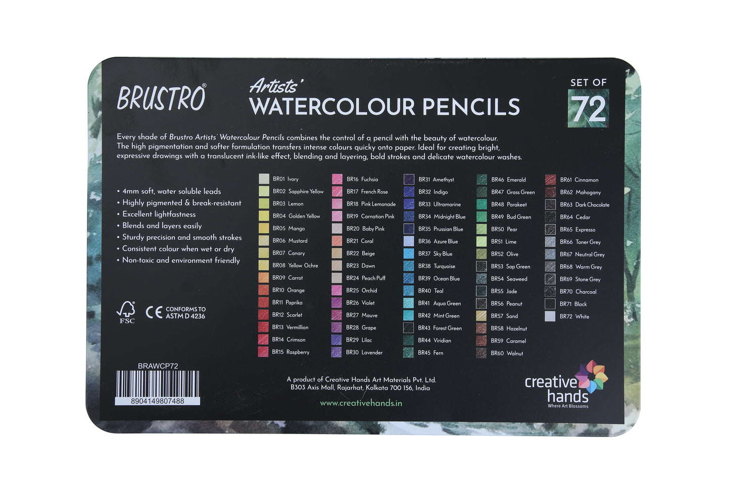 BRUSTRO Artists Watercolour Pencil Set of 72 in Elegant tin Box