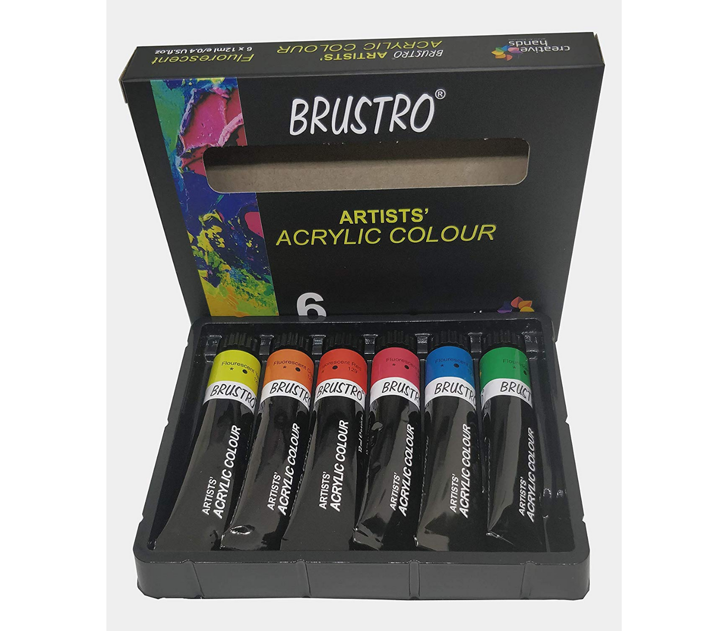 BRUSTRO ARTISTS' ACRYLIC COLOUR SET OF 6 FLUORESCENT COLOURS X 12ML TUBES