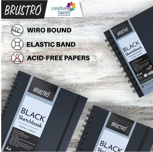 BRUSTRO Black Sketchbook | A5, 200GSM | 40 Sheets/80 Pages | Wiro Bound, Spiral, Premium, Acid-free Paper, Professional-Grade, Ideal for Dry media, Mandala art, Graphite, Charcoal, School, Office use