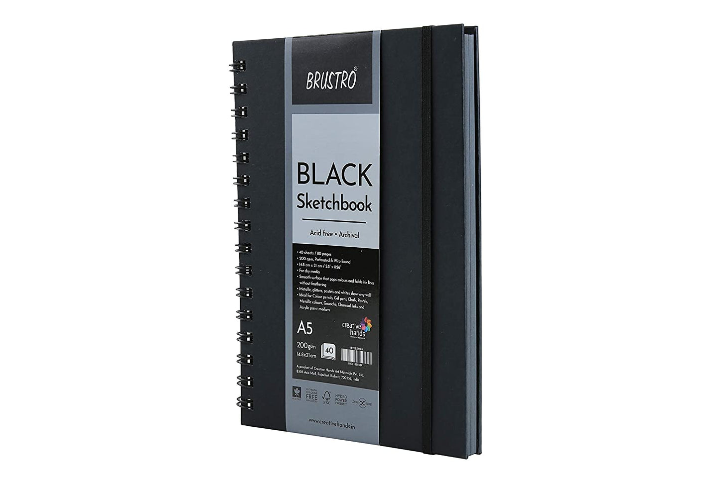BRUSTRO Black Sketchbook | A5, 200GSM | 40 Sheets/80 Pages | Wiro Bound, Spiral, Premium, Acid-free Paper, Professional-Grade, Ideal for Dry media, Mandala art, Graphite, Charcoal, School, Office use