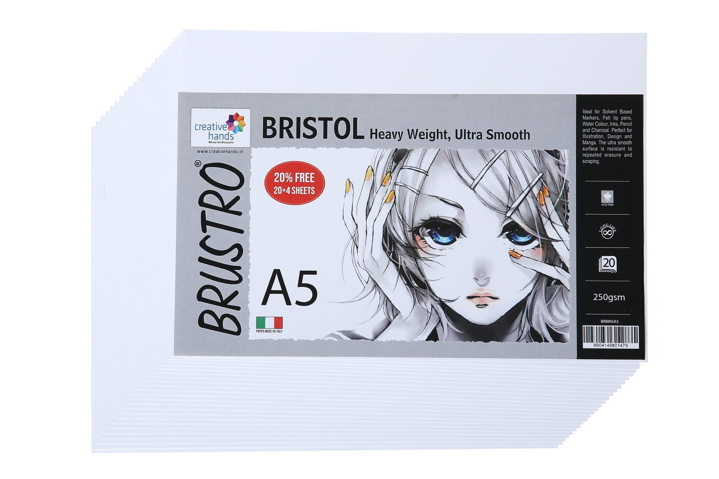 Brustro Ultra Smooth Bristol Sheets, A5 Size, 250 GSM Pack of 20 + 4 Free Sheets (Pack of 2)