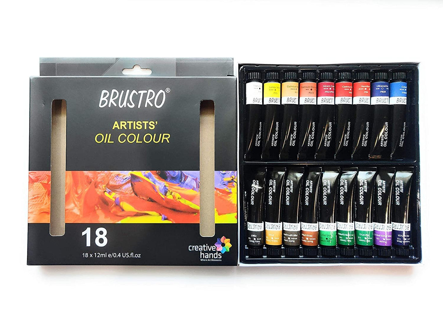 Brustro White Bristle Hair Brushes (Pack of 13) with Artists Oil Colour Set of 18 Colours X 12ML Tubes and Oil Painting Paper 300 GSM A4 (Pack of 9 + 3 Free Sheets)
