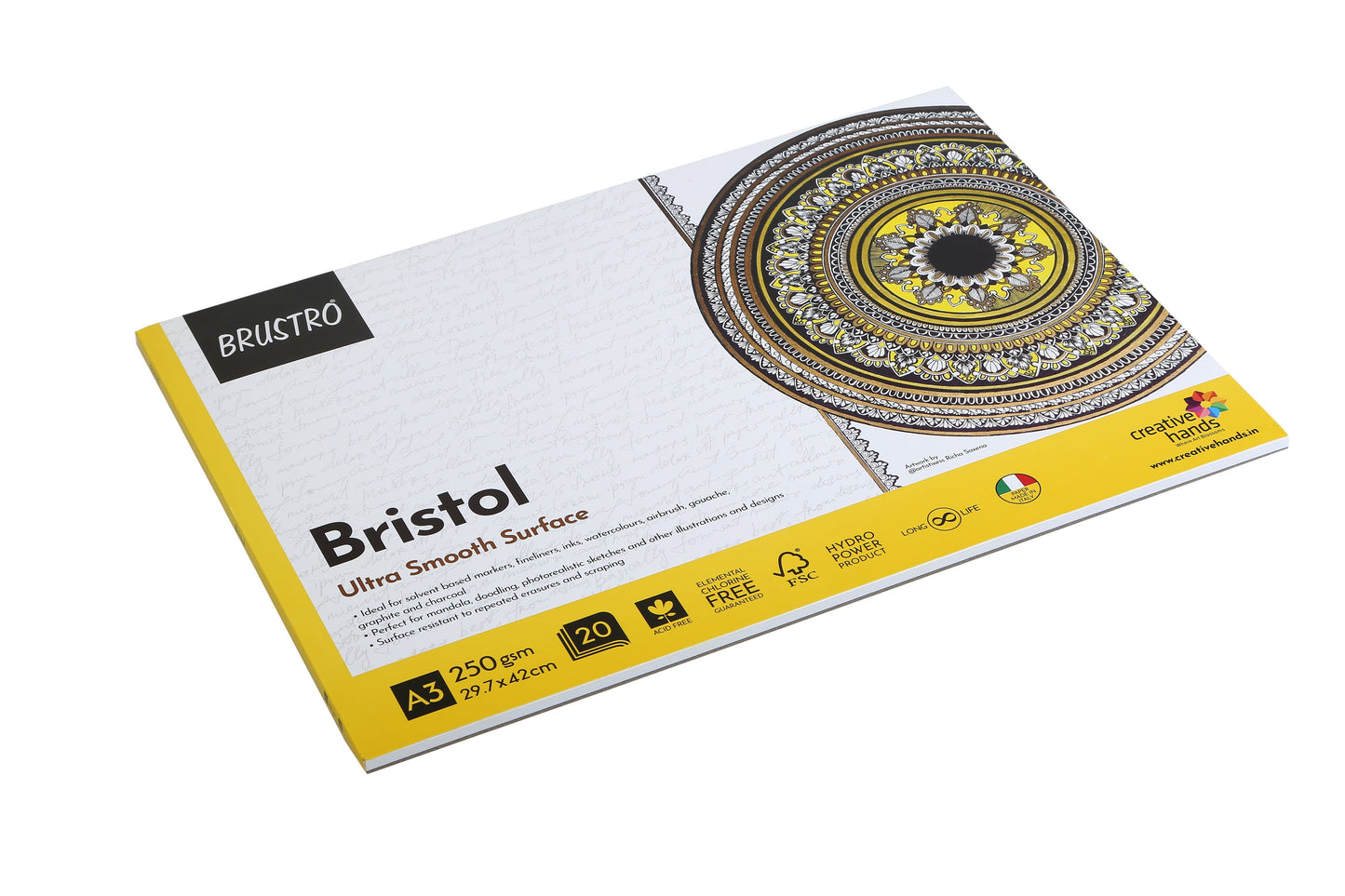 BRUSTRO Bristol Ultra Smooth Glued Pad 250 GSM , A3 - 20 Sheets