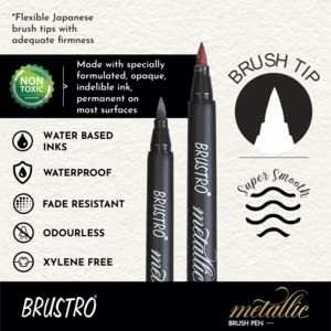 BRUSTRO Metallic Brush Pens - Soft Brush Tip Set of 10 Colors. with Colour Brush Pens Set of 12 (Pigment Based, Hard tip Brush Pen) Flexible tip for Calligraphy, Lettering and Drawing Techniques.