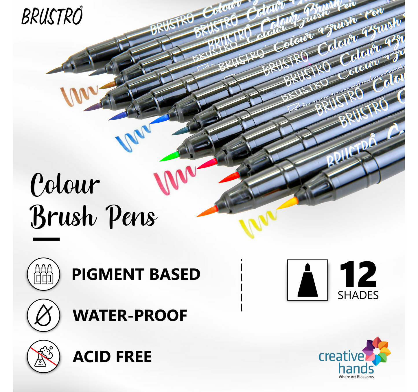BRUSTRO Metallic Brush Pens - Soft Brush Tip Set of 10 Colors. with Colour Brush Pens Set of 12 (Pigment Based, Hard tip Brush Pen) Flexible tip for Calligraphy, Lettering and Drawing Techniques.