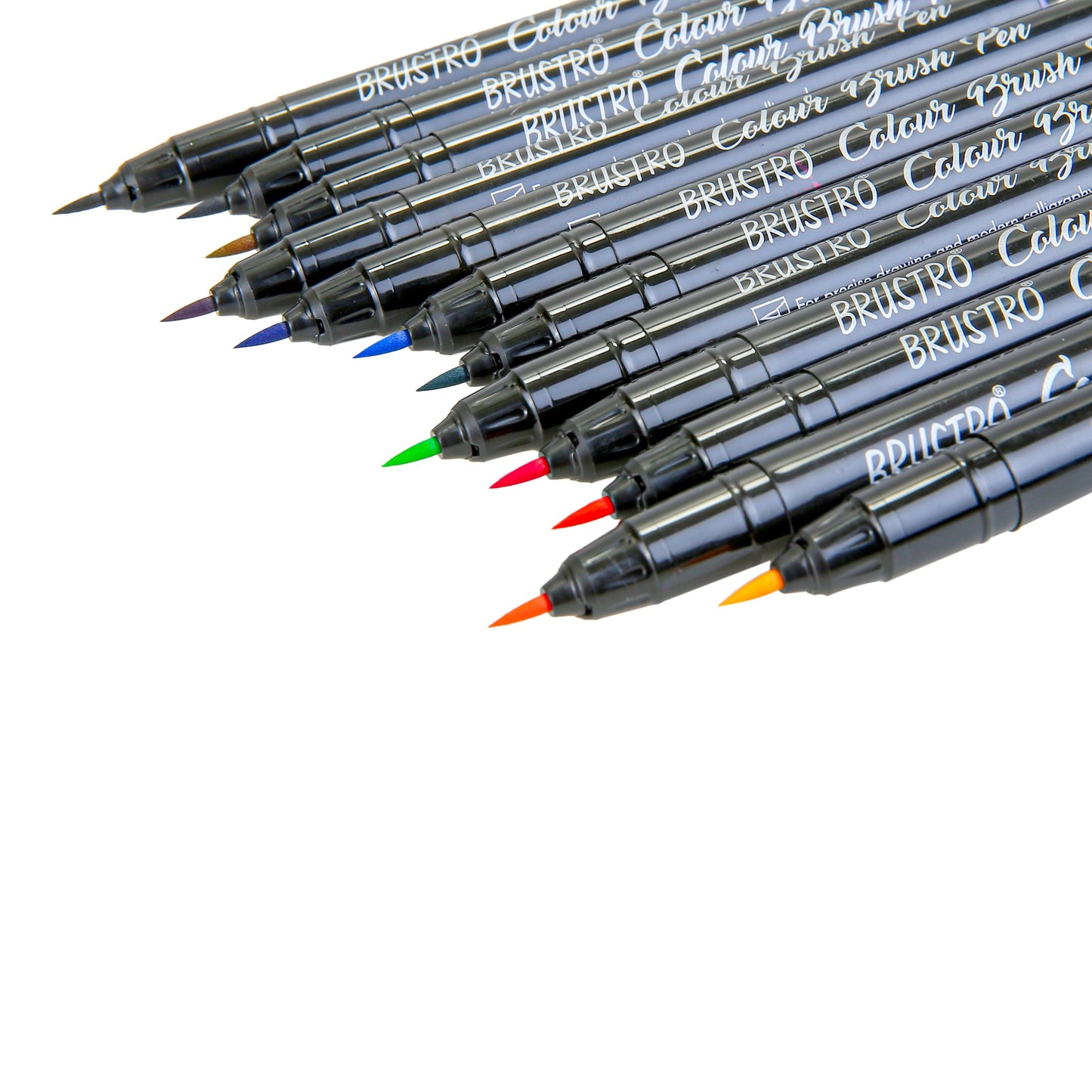 BRUSTRO Colour Brush Pens Set of 12 ( Pigment based , Hard tip brush pen ) Flexible tip for lettering and drawing techniques.