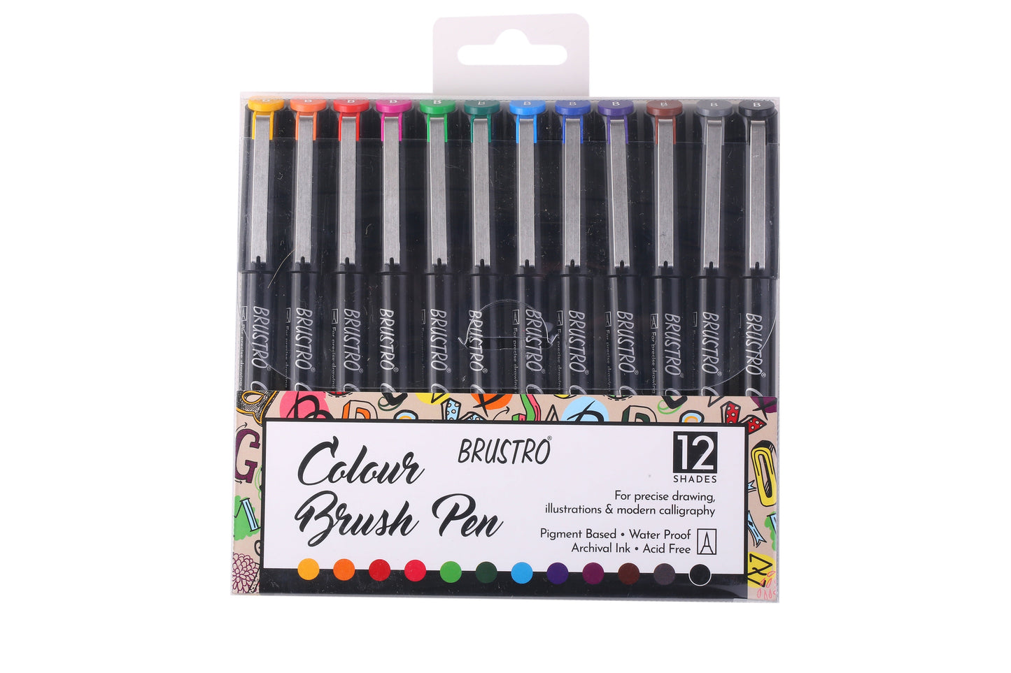BRUSTRO Colour Brush Pens Set of 12 ( Pigment based , Hard tip brush pen ) Flexible tip for lettering and drawing techniques.