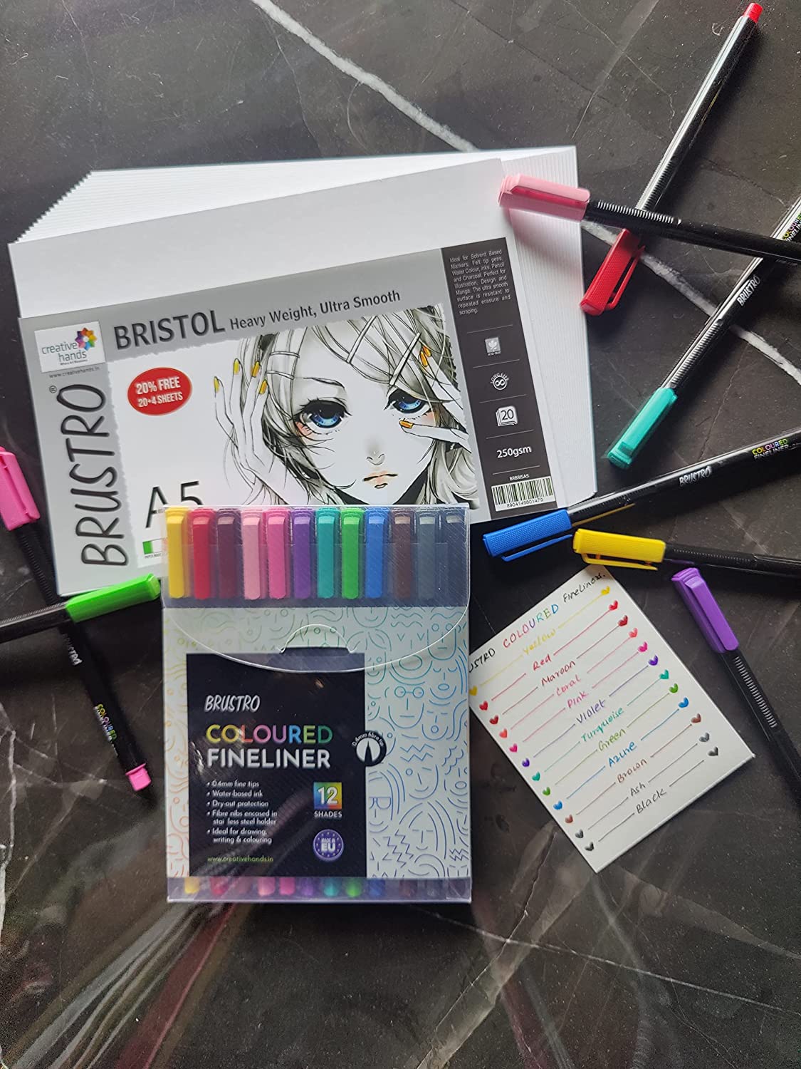 BRUSTRO Coloured Fineliner Set of 12 | Assorted Colours | 0.4mm | Ideal for Writing, Drawing, Coloring, Sketching, Doodles, Mandala Art & BRISTOL Ultra-Smooth Paper | A5, 250 gsm, 20+4 sheets/48 pages