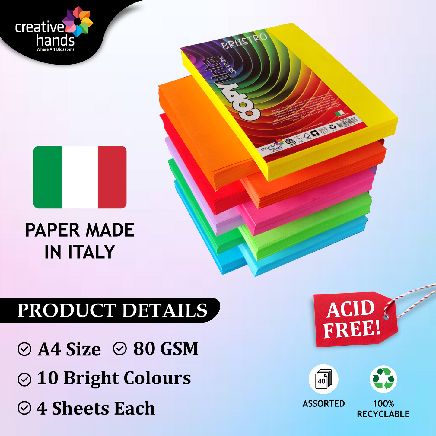 BRUSTRO Copytinta Multicoloured Craft Paper | DIY Art |A4 Size | 80 GSM | Pack of 40 Sheets (10 colors x 4 sheets) | Ideal for Students and Adults Origami ideas, Home, School, Office, Stationery Use