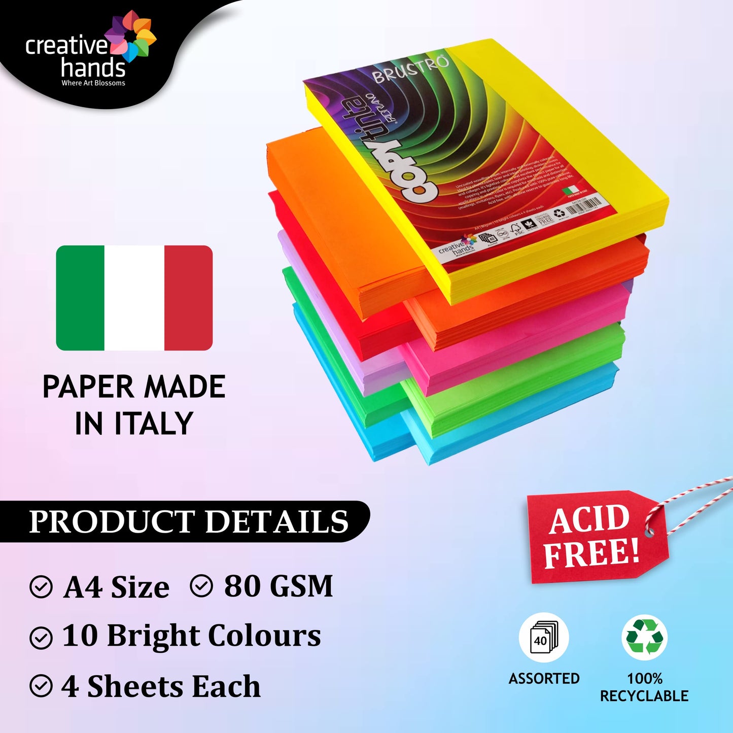 BRUSTRO Copytinta Coloured Craft Paper A4 Size 80 GSM Bright & Soft Colour 80 Sheets (10 cols Each of Bright and Soft X 4 Sheets). With Elle Erre card stock A5, 220 GSM,Pack of 24 Shades X 2 Sheets.