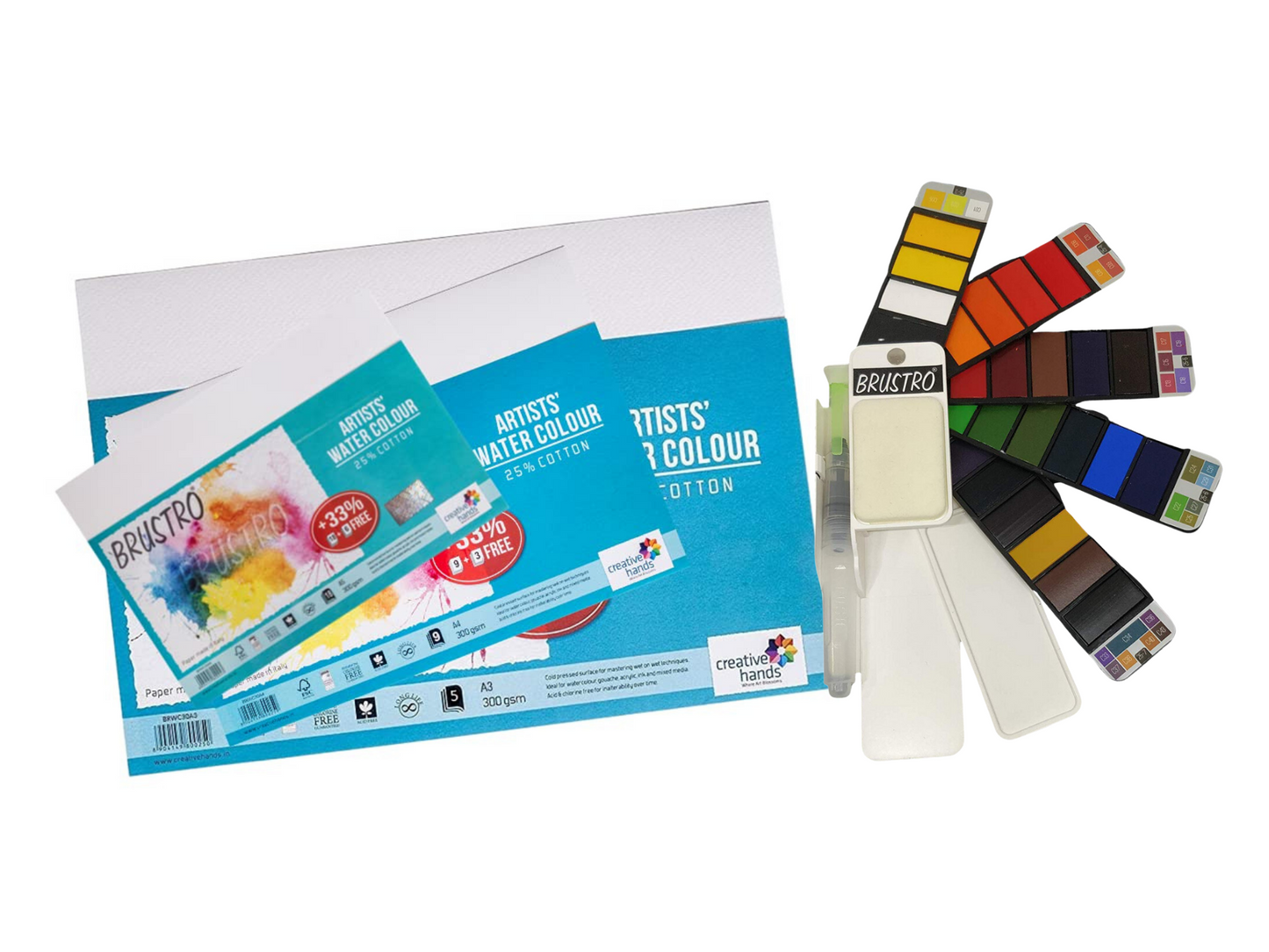 BRUSTRO Artists Watercolour Paint Pan Set of 25 with Artists Watercolour Paper 300 GSM, 25% Cotton, Color, Cold Pressed, A4 (Pack of 12), A3 (Pack of 6) & A5 (Pack of 24)