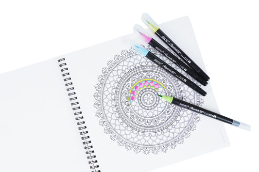 Brustro Aquarelle Brush Pen Set of 24 with Mandala Colouring Book