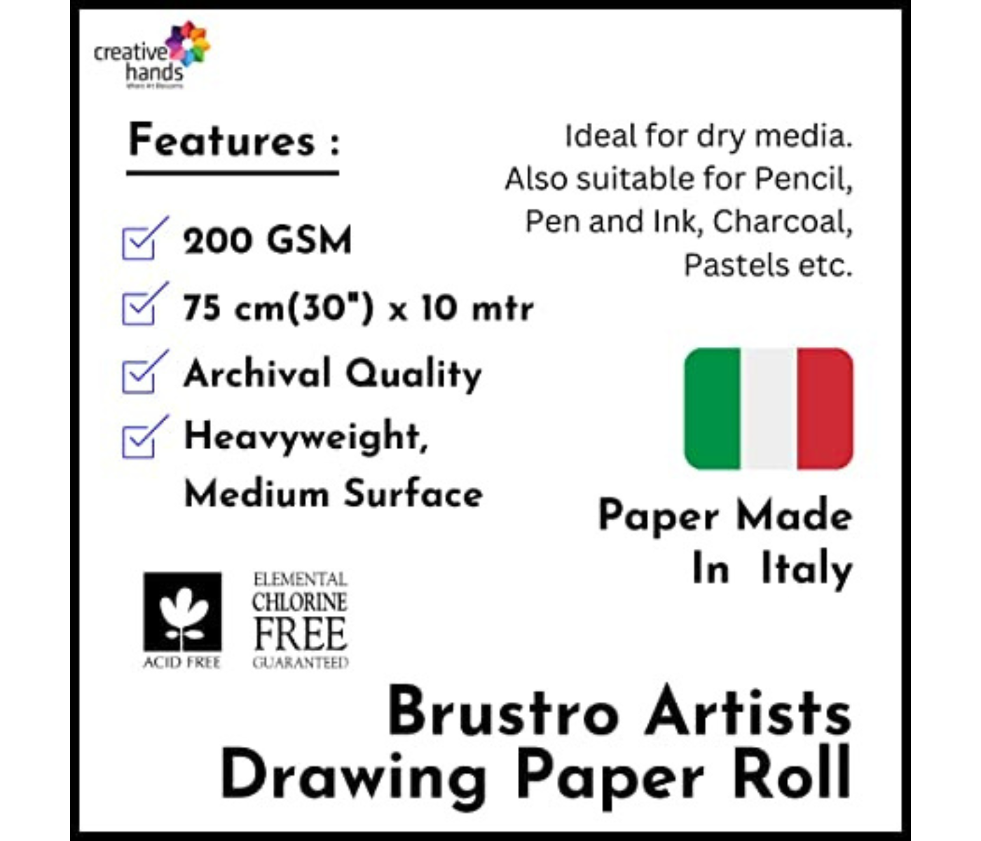 Brustro Artist Drawing Paper Roll 200 Gsm. Size 75 cm(30") x10 mtr