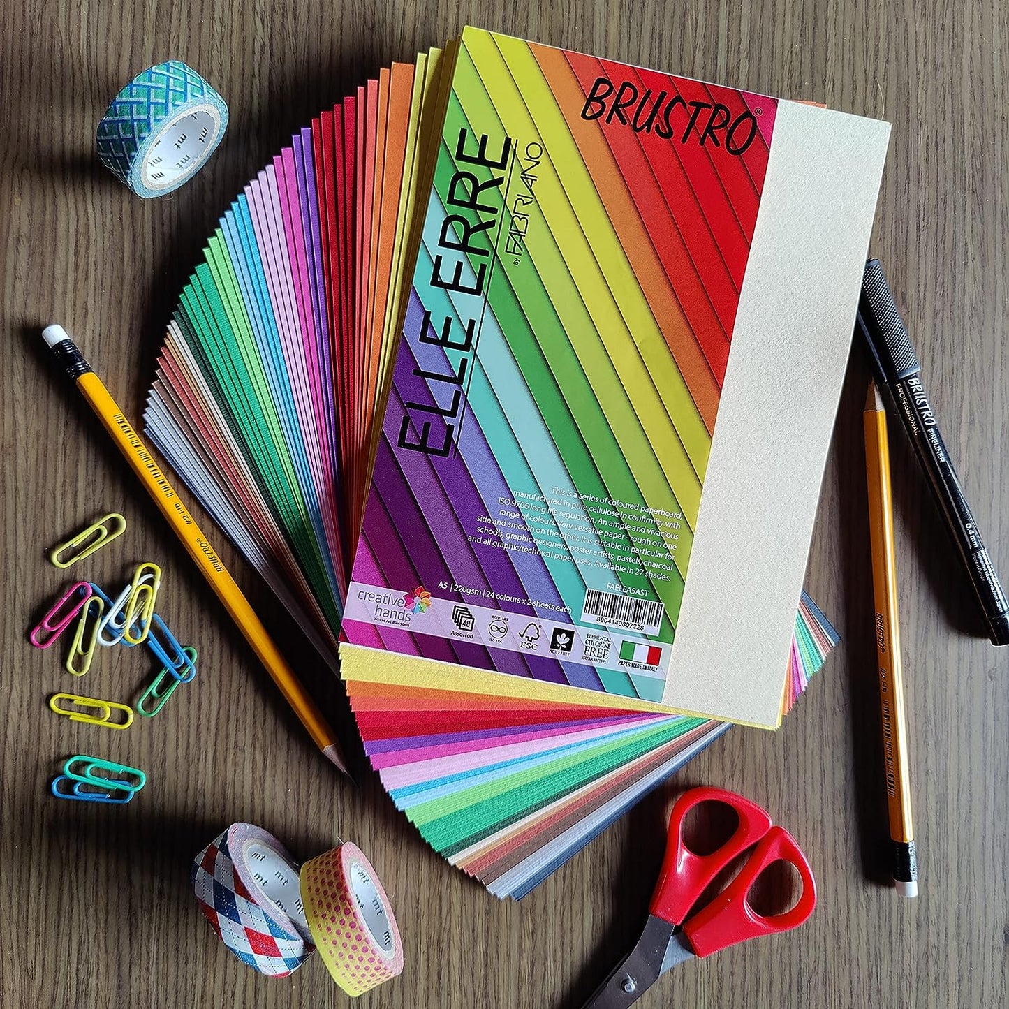 BRUSTRO Elle Erre Coloured Card Stock Craft Paper A5 Size, 220 GSM Assorted Colour, Pack of 24 Shades X 2 Sheets (Total 48 Sheets).