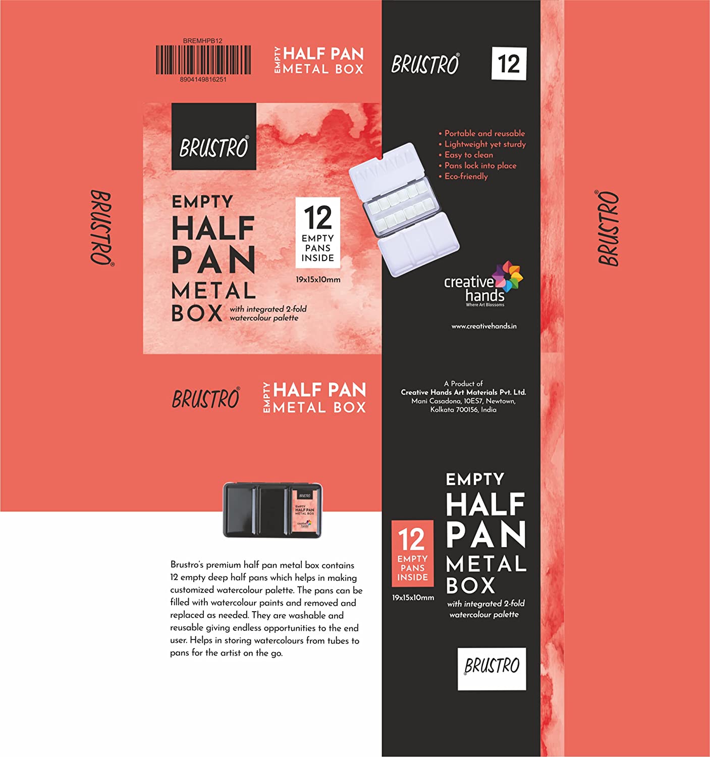 Brustro Empty Watercolour 12 Half Pan Metal Box (Pans Included)