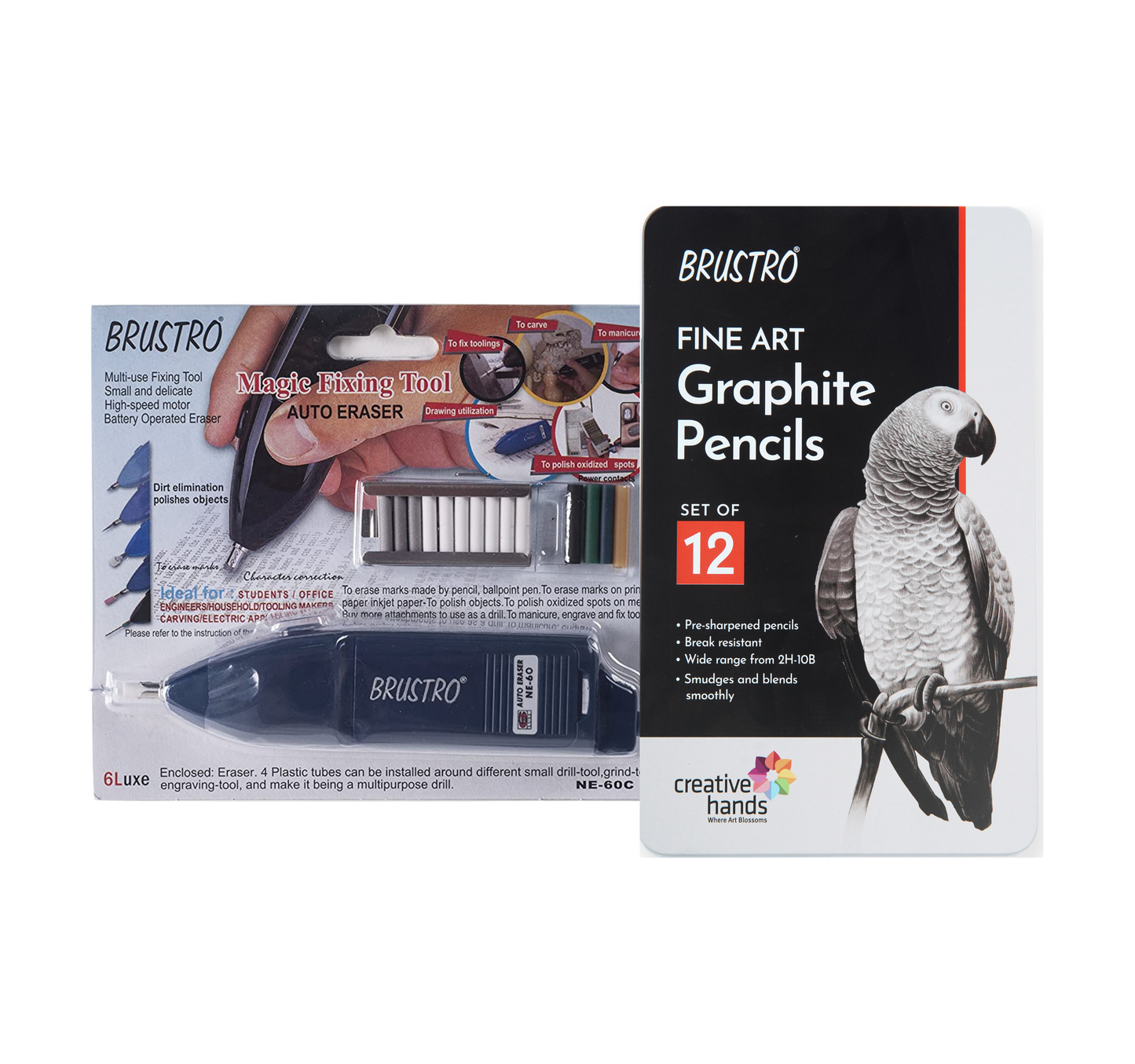 BRUSTRO Battery Operated Automatic Eraser with Artists FINEART Graphite Pencil Set of 12 (10B-2H)