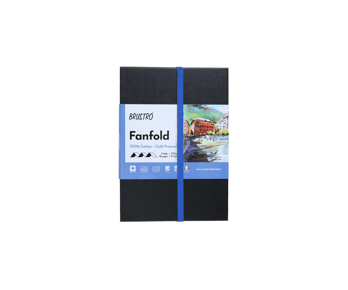 Brustro Artists Fanfold Watercolour Book 100% Cotton Mouldmade 300 GSM Cold Pressed 10.5x15cm.(9 Folds/18 Sides)