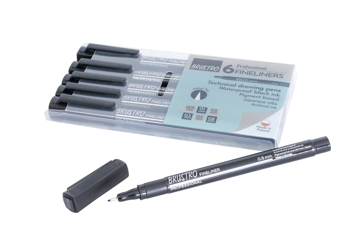 BRUSTRO Professional Pigment Based Fineliner | Black | Set of 6 - Tip Size 0.05mm, 0.1mm, 0.2mm, 0.3mm, 0.5mm, 0.8mm |Ideal For Technical Drawing,Waterproof,Artist Illustration,Sketching,Mandala