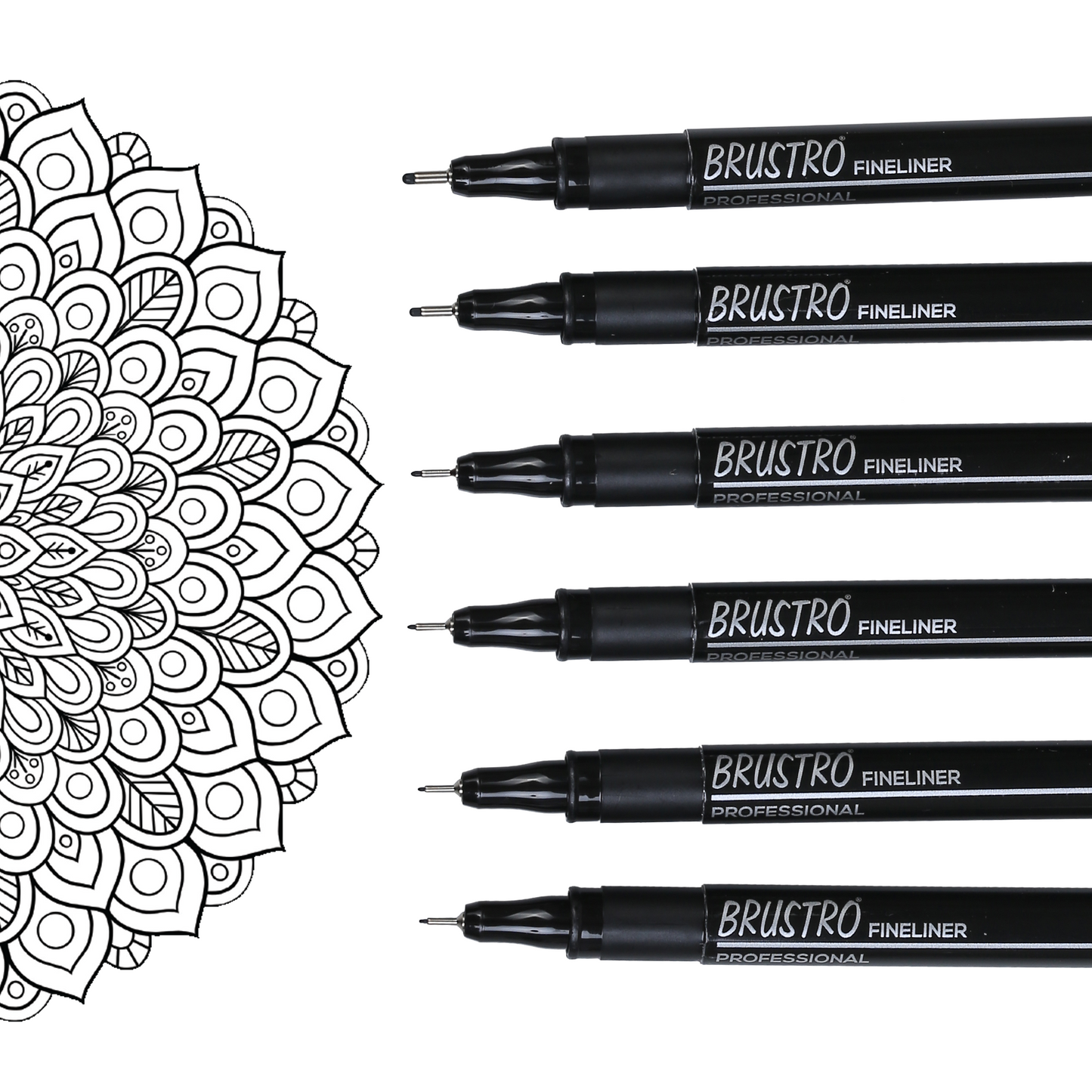 BRUSTRO Professional Pigment Based Fineliner | Black | Set of 6 - Tip Size 0.05mm, 0.1mm, 0.2mm, 0.3mm, 0.5mm, 0.8mm |Ideal For Technical Drawing,Waterproof,Artist Illustration,Sketching,Mandala