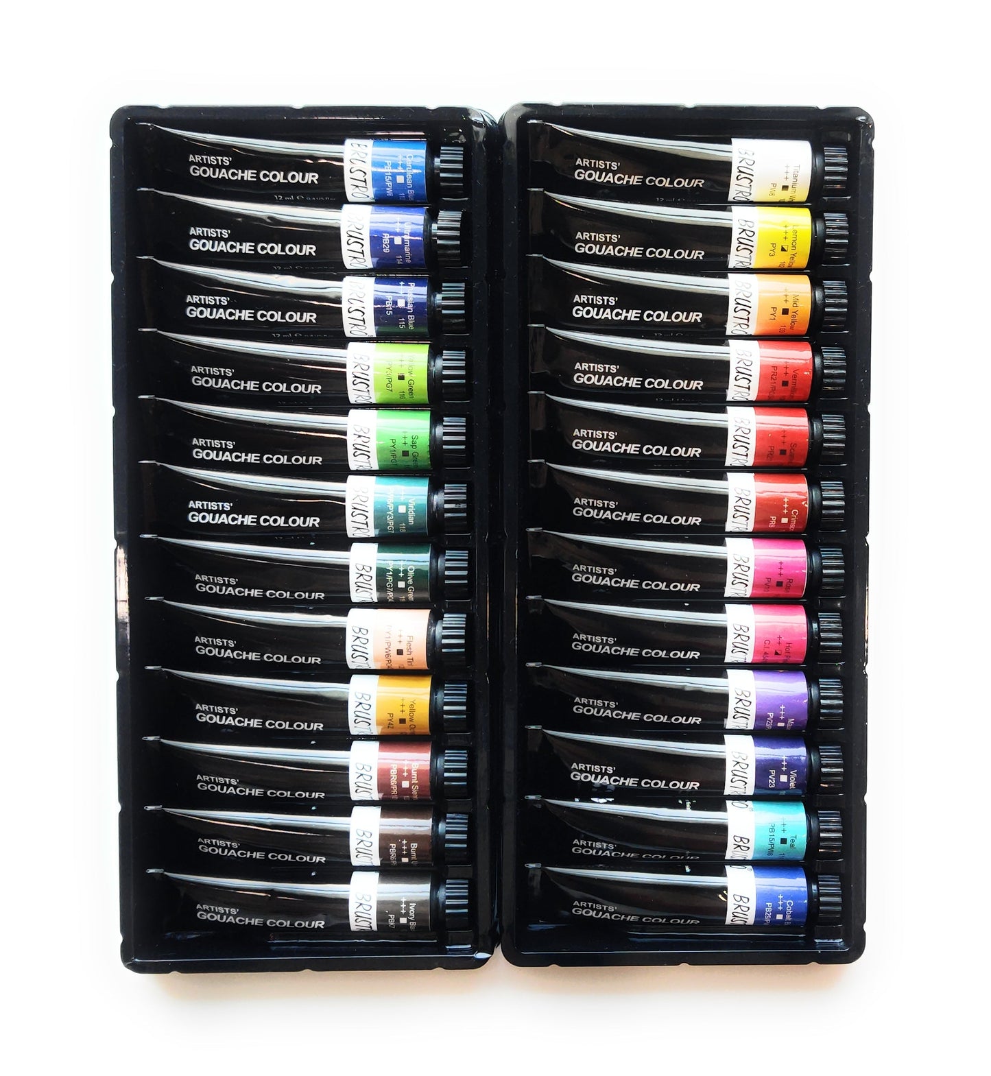 BRUSTRO Artist's Gouache Colour | Set of 24 Colors X 12ml Tubes |Perfect for Watercolor paper,Infinite Blending,Non-Toxic,Highly Pigmented,Ideal for Professional Artists,Graphic Designers,Illustrators