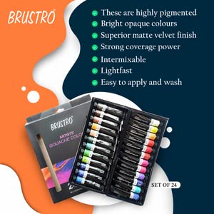 Brustro Artists Gouache Colour Set of 24 (12ML Tubes Each) + Synthetic Brush Set of 15
