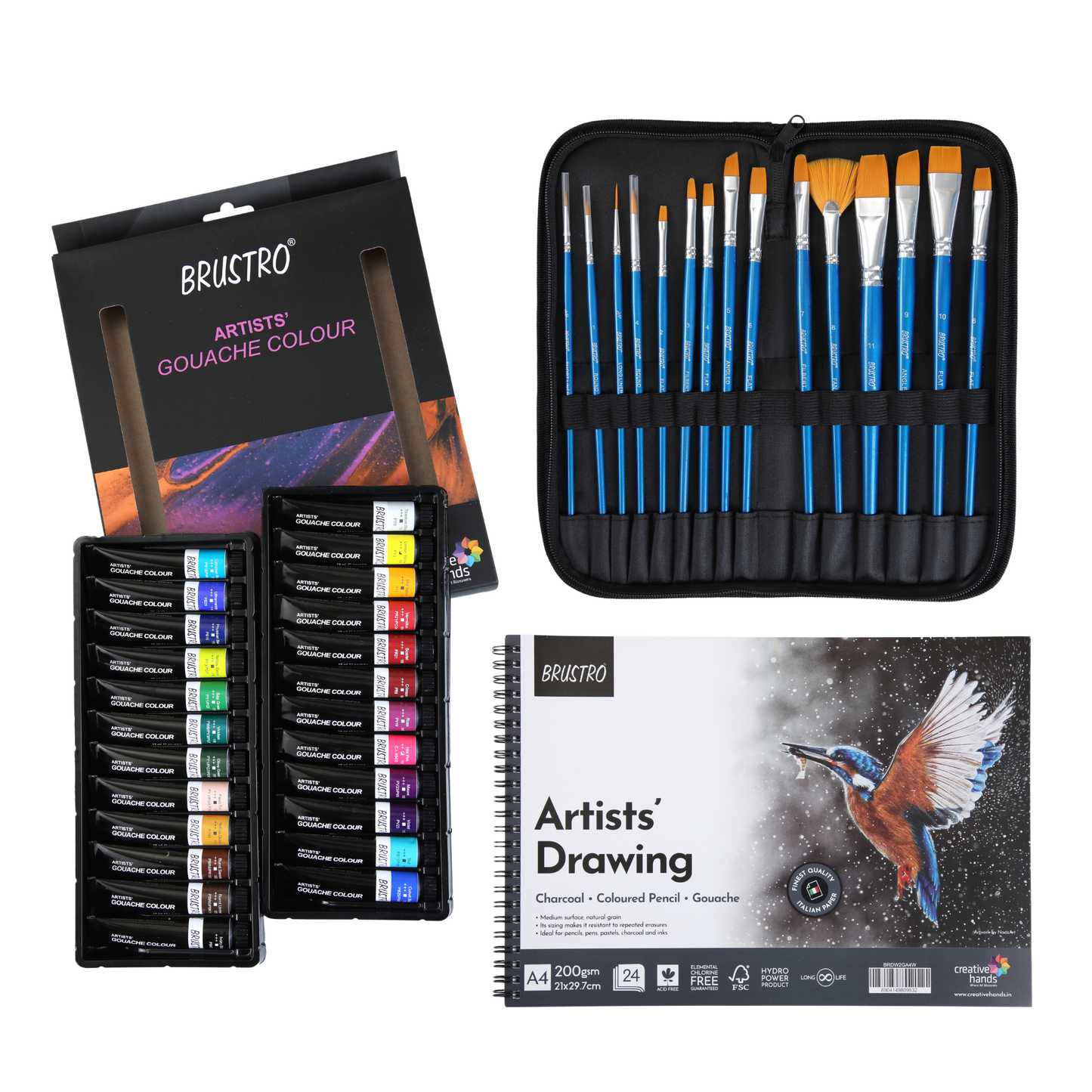 Brustro Artists Gouache Colour Set of 24 (12ML Tubes Each) + Synthetic Brush Set of 15 + Drawing Pad 200 GSM Wiro Bound.