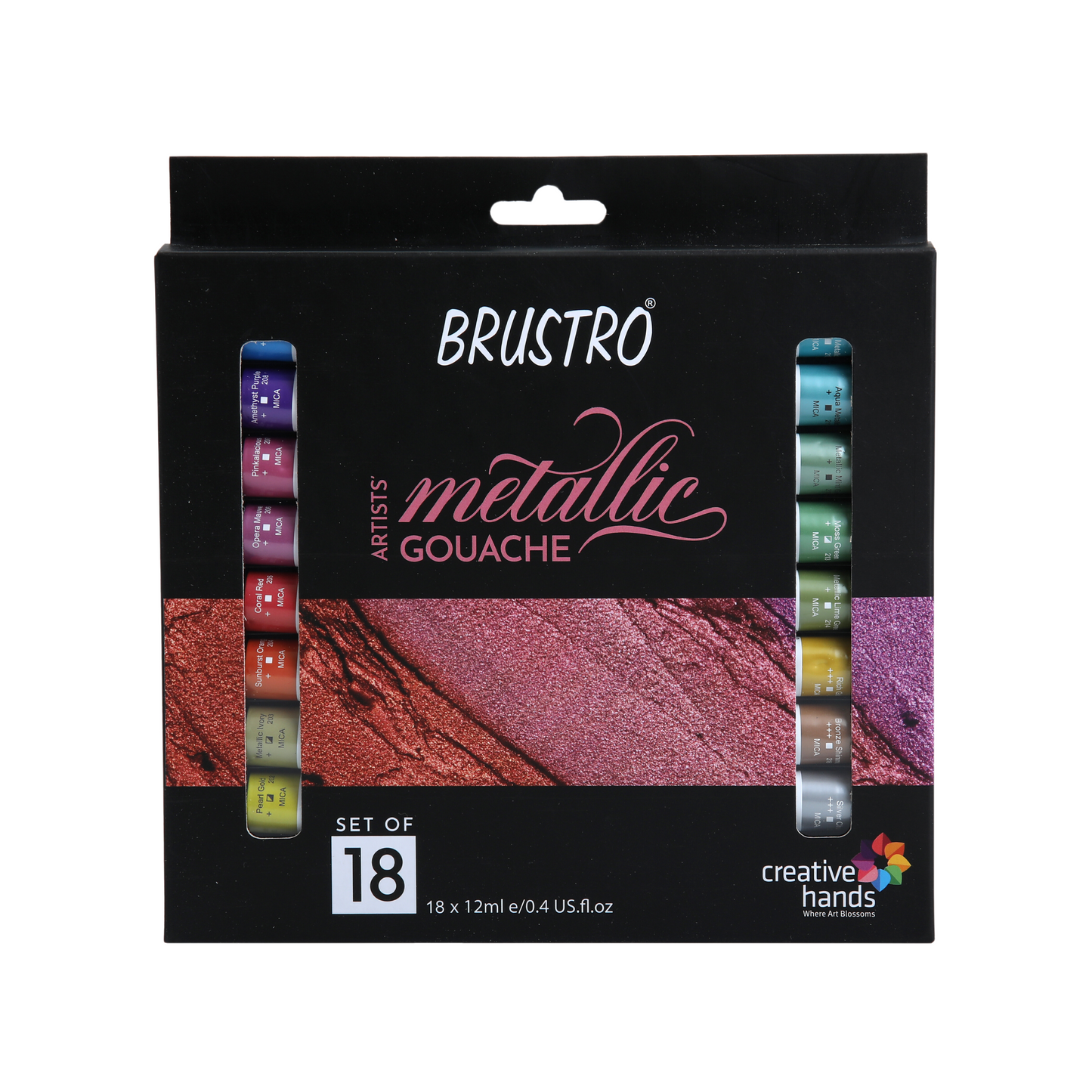 Brustro Metallic Gouache Set of 18 with Kolinsky Imitation WC Travel Brush Round Size 6 & Black Sketchbook, Wiro Bound, Size A5