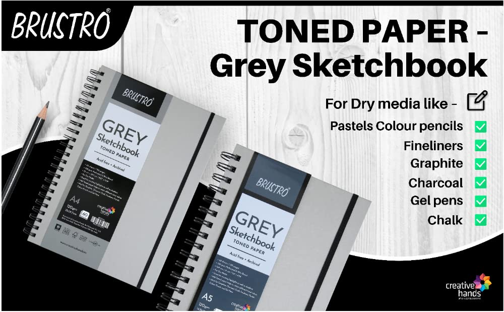 BRUSTRO Toned Paper - Grey Sketchbook | A5, 120 GSM | 60 Sheets/120 Pages |Wiro Bound, Spiral, Drawing, Sketching, Acid-free Paper, Dry media, Mandala Art, Graphite, Charcoal, Colour pencils, Gel pens