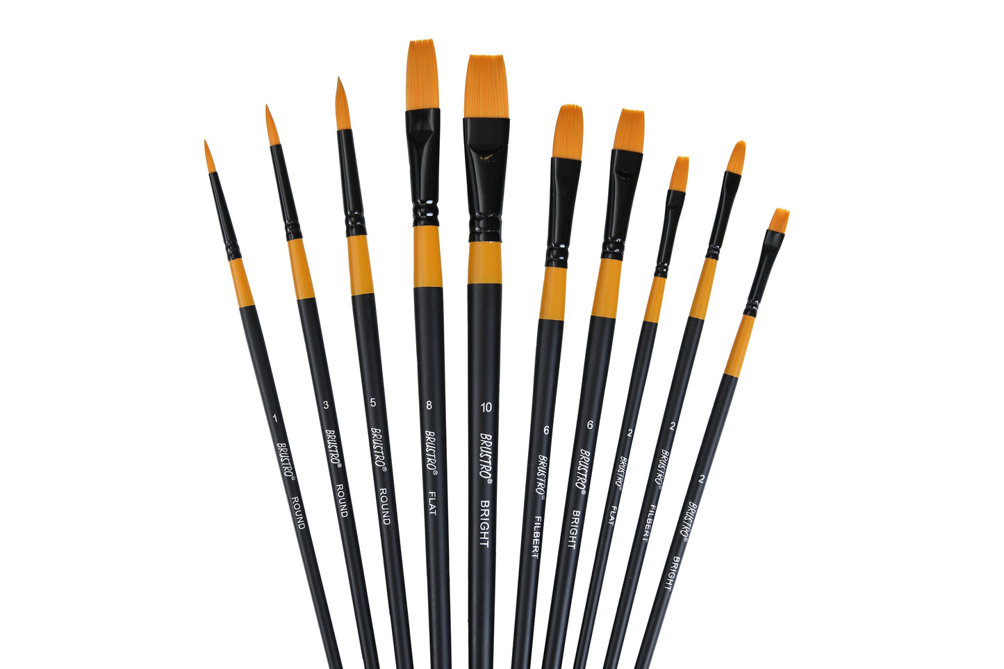 BRUSTRO Artists Gold Taklon Brushes Set of 10| Ideal for Acrylics, Oil paintings, Watercolour | long handle, Bright, Filbert, Flat, Round, Professional Art, School, Office Use.