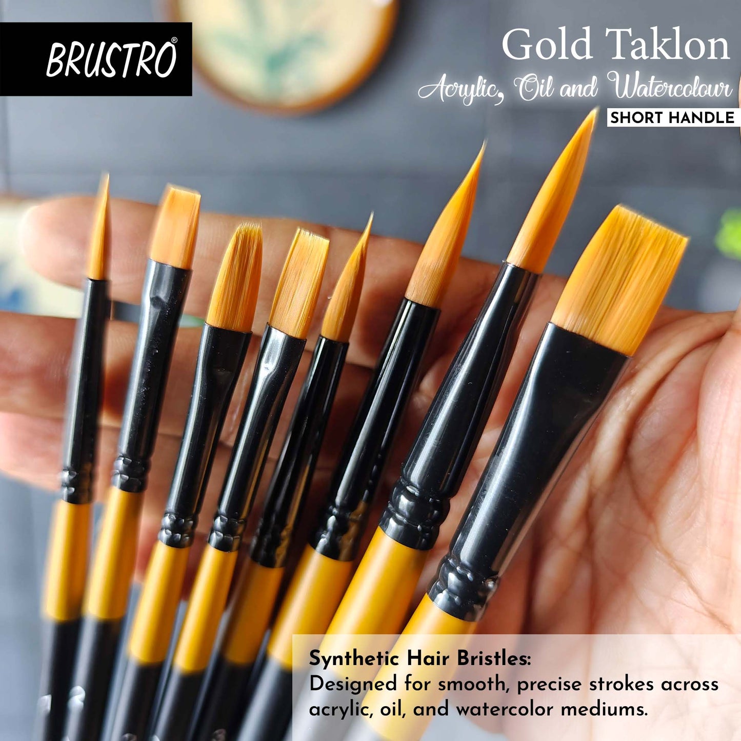 BRUSTRO Gold Taklon Artist's Brushes | Set of 8 | Sizes - Round (1,3,5), Bright (2,6), Filbert (2,6), and Flat (2) | Matte finish, Ideal for Acrylic, Watercolour, Oil Paintings, School, Office Use.