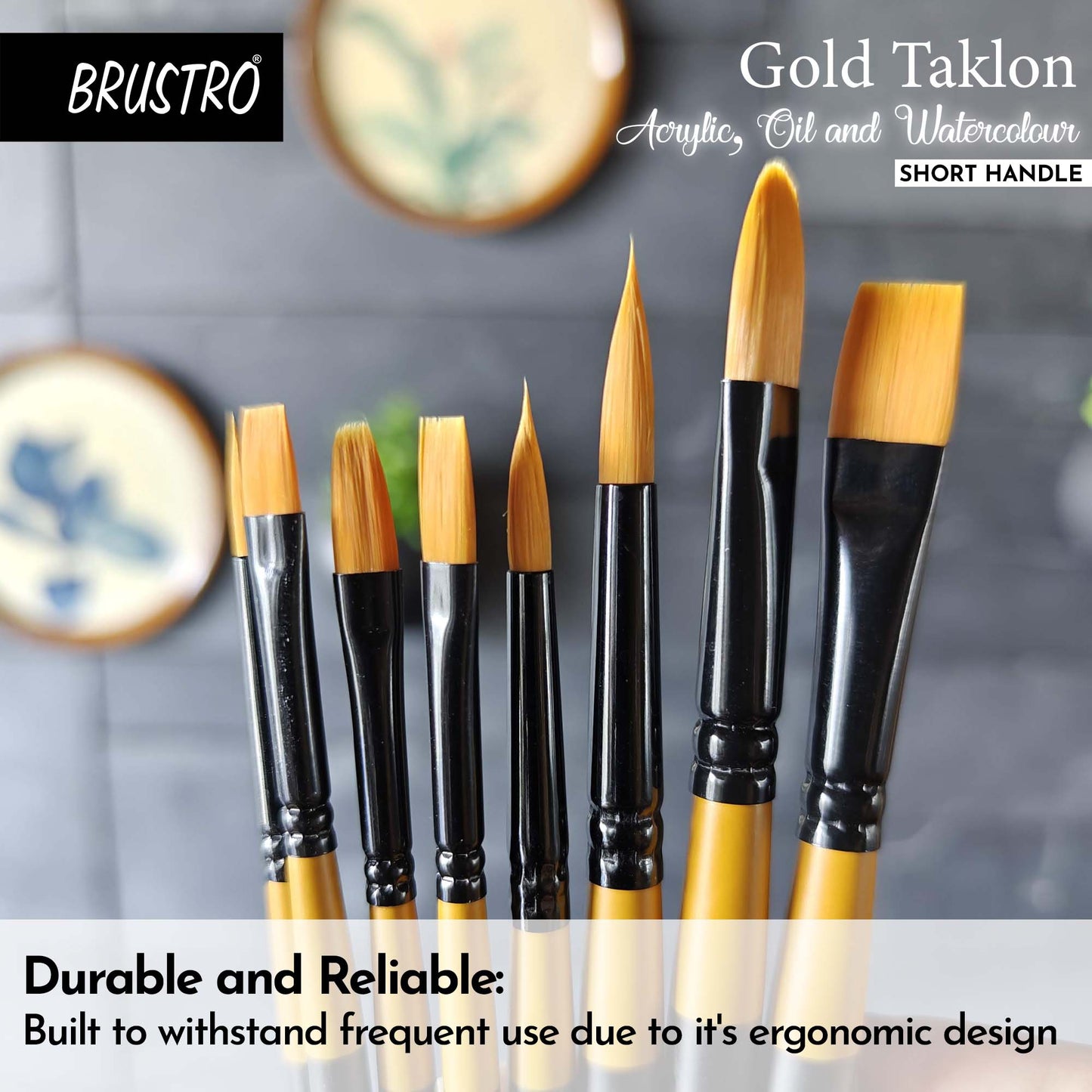 BRUSTRO Gold Taklon Artist's Brushes | Set of 8 | Sizes - Round (1,3,5), Bright (2,6), Filbert (2,6), and Flat (2) | Matte finish, Ideal for Acrylic, Watercolour, Oil Paintings, School, Office Use.