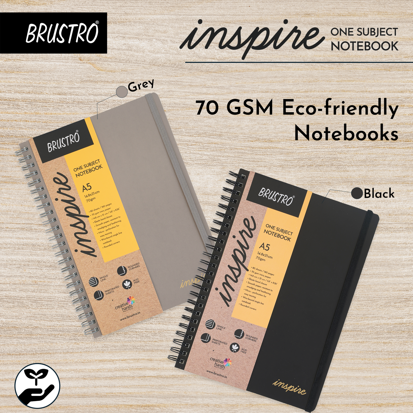 BRUSTRO Inspire A5 Size, 1 Subject Ruled Notebook, 80 sheets / 160 pages, 70 gsm ivory paper, grey cover