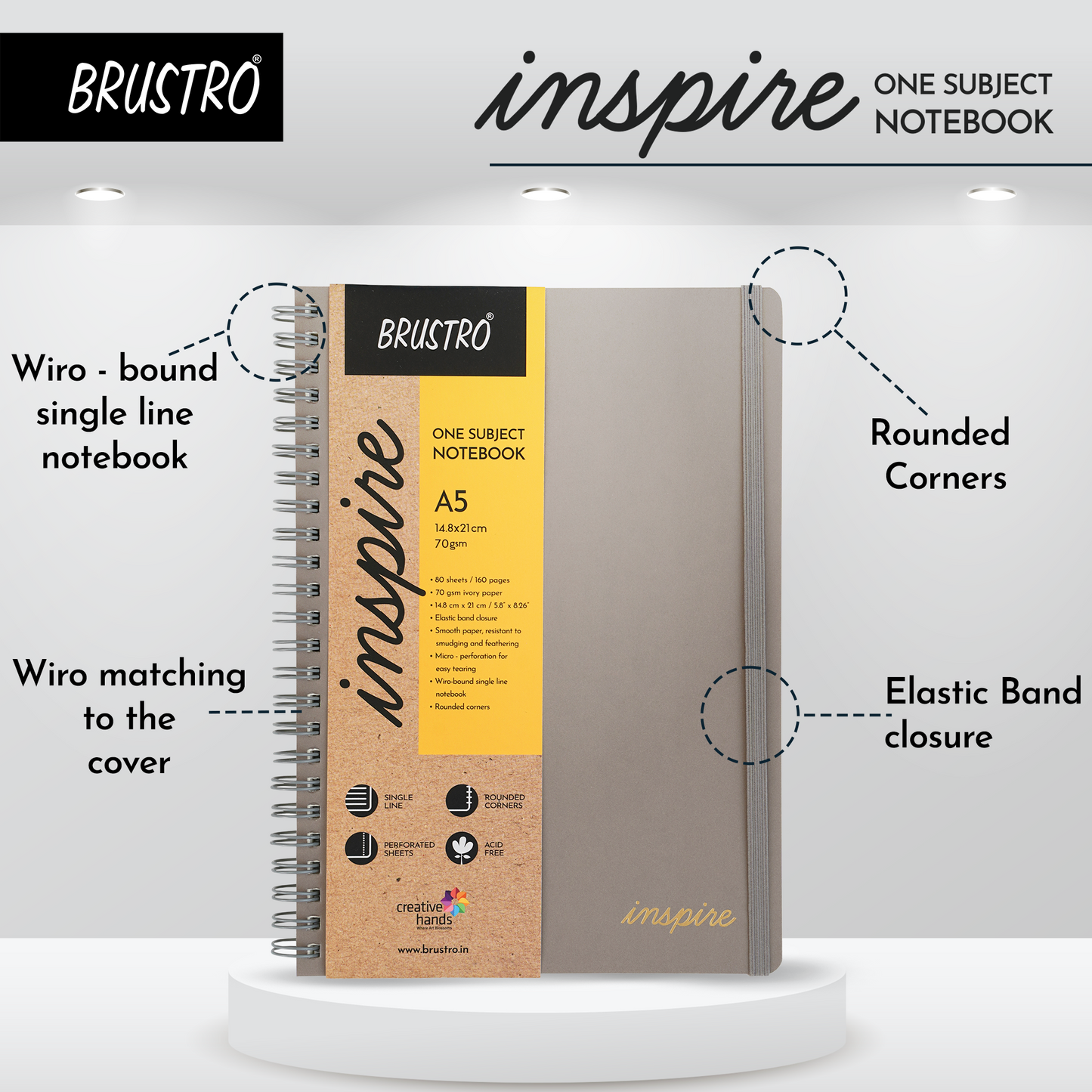 BRUSTRO Inspire A5 Size, 1 Subject Ruled Notebook, 80 sheets / 160 pages, 70 gsm ivory paper, grey cover
