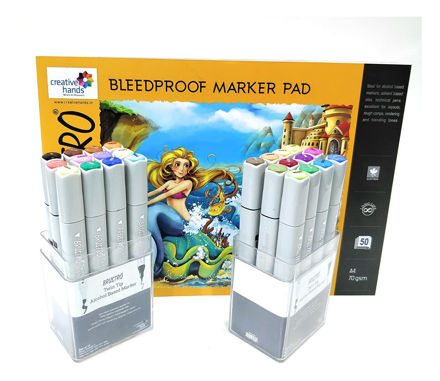Brustro Twin Tip Alcohol Based Marker Set of 12 Basic A & Set of 12 Basic B with Brustro Bleedproof Marker Pad 70 GSM A4 (Contains 50 Sheets)