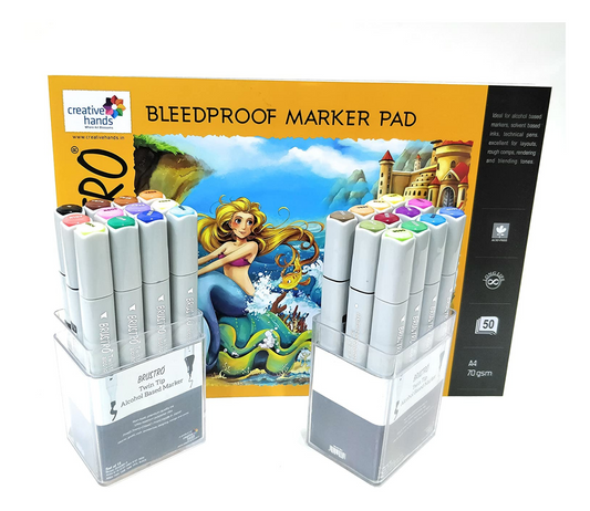 Brustro Twin Tip Alcohol Based Marker Set of 12 Basic A & Set of 12 Basic B with Brustro Bleedproof Marker Pad 70 GSM A4 (Contains 50 Sheets)